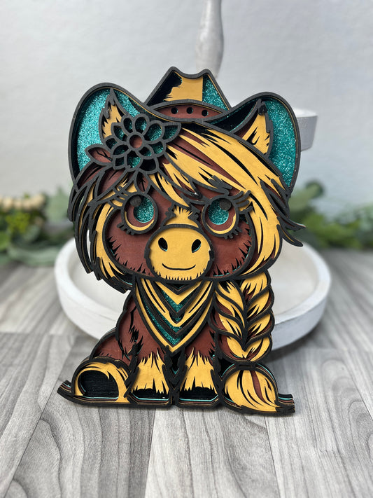 Highland Cow Girl Layered Wall Art