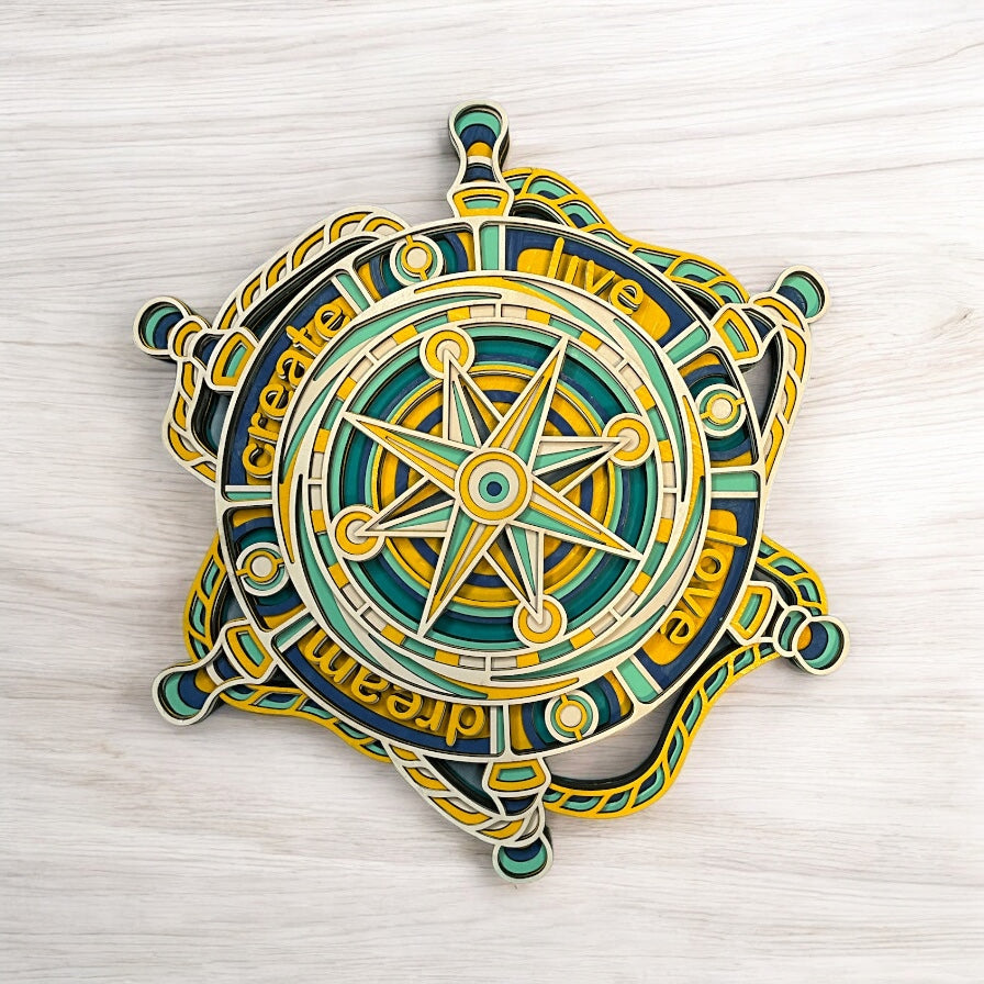 Nautical Wheel Multi-Layer Wood Sign – “Live, Love, Create, Dream” Wall Art