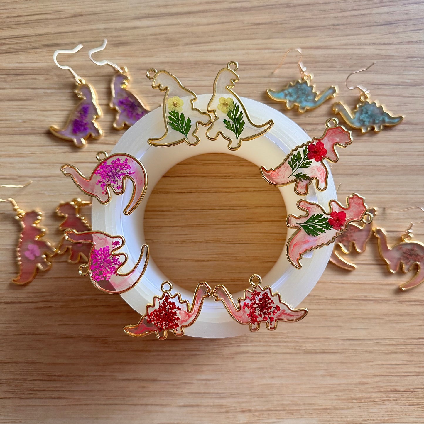 Gold Dinosaur Floral Earrings