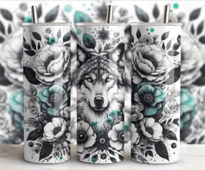 Black & Teal Wolf 20 oz skinny