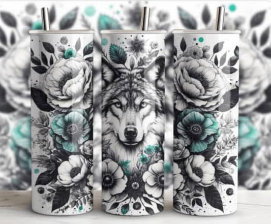 Black & Teal Wolf 20 oz skinny