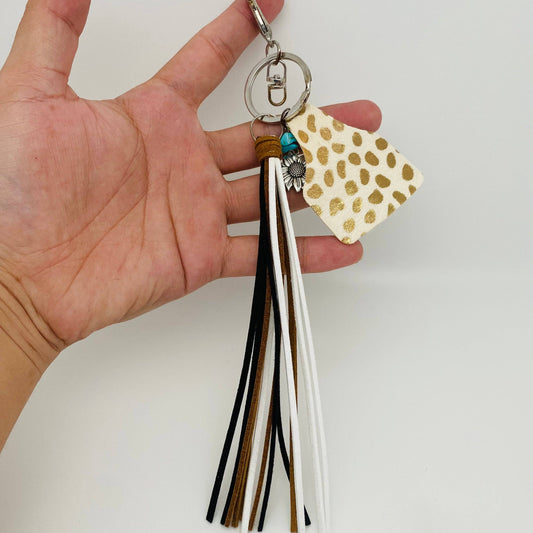 White & Gold Cowhide Keychain